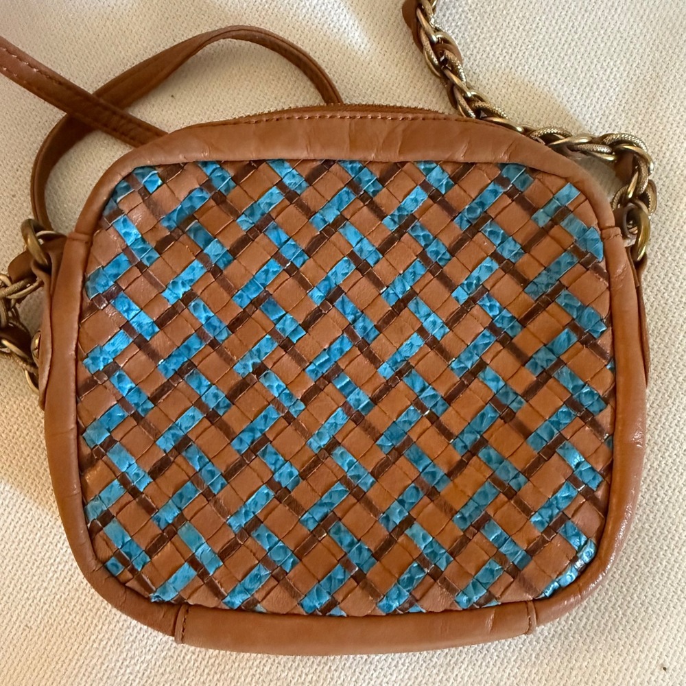 Elliott Lucca Brown Blue Weave Leather Crossbody Purse Bag brass gold chain zip - Picture 8 of 11